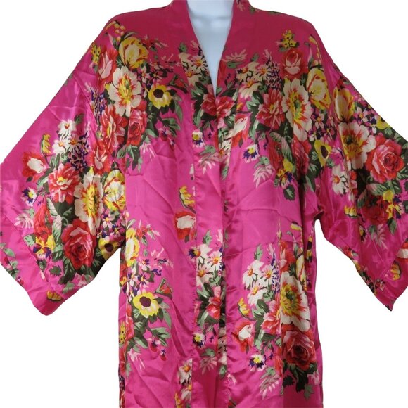 New Ms Lovely Hot Pink Floral Satin Kimono Robe M/L Knee Length Pockets Belted - Picture 16 of 16